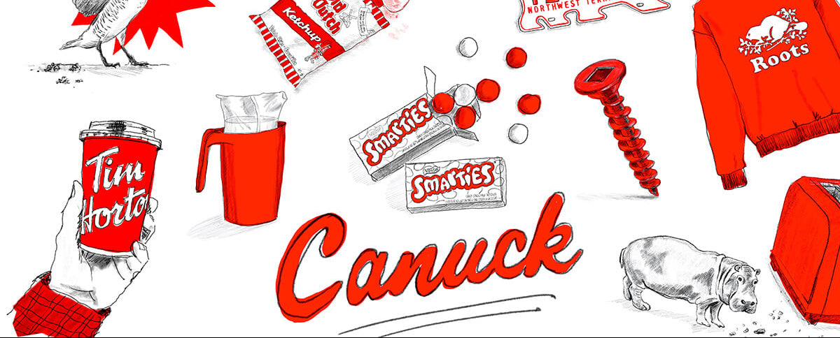 black and white pencil drawings of Canadian themed objects